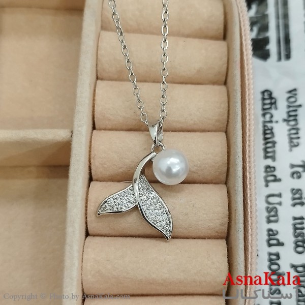 گردنبند استیل زنانه دم وال و مروارید جواهری  نگین سفید  کد GNB162424W