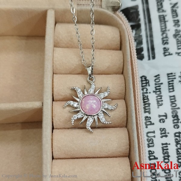 گردنبند استیل زنانه خورشیدی جواهری  نگین صورتی  کد GNB162425W