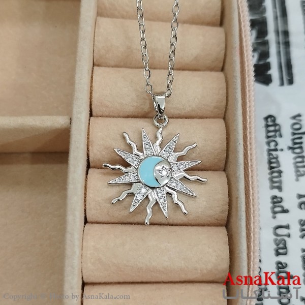 گردنبند استیل زنانه خورشیدی جواهری  نگین آبی  کد GNB162426W