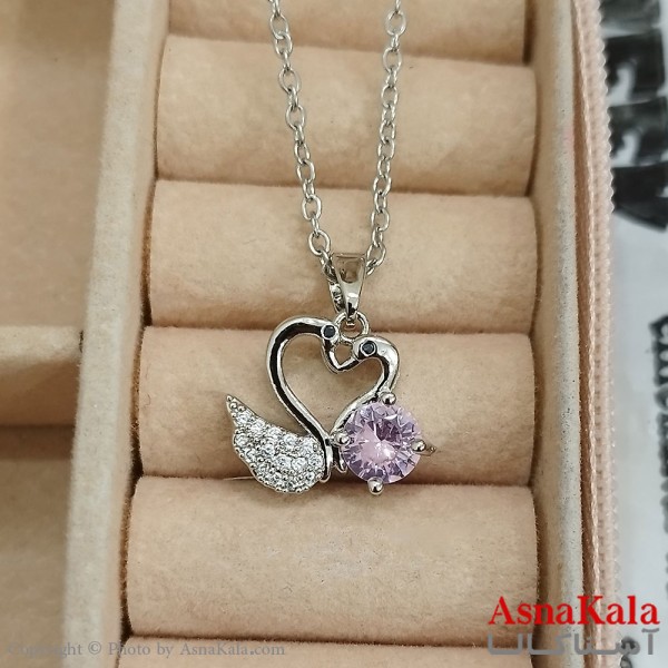گردنبند استیل زنانه دو قو جواهری  نگین صورتی کد GNB162428W