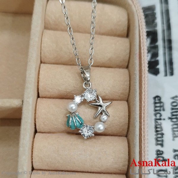 گردنبند استیل زنانه صدف و ستاره دریایی نگین آبی کد GNB162430W
