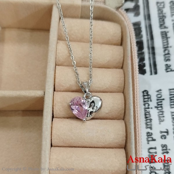 گردنبند استیل زنانه دوقلب نگین صورتی کد GNB162432W