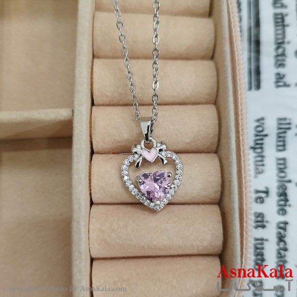 گردنبند استیل زنانه سه قلب جواهری نگین صورتی کد GNB162435W