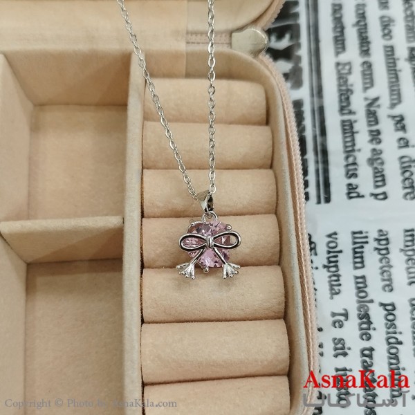 گردنبند استیل زنانه قلب و پاپپون جواهری نگین صورتی کد GNB162436W