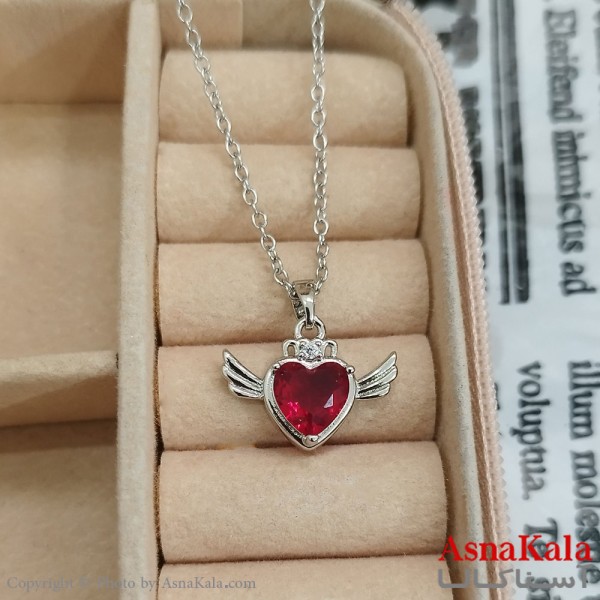گردنبند استیل قلب بالدار نگین قرمز کد GNB162443W