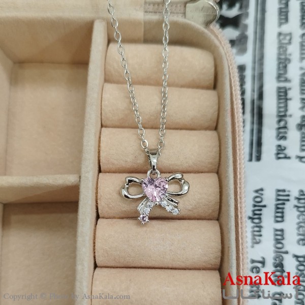 گردنبند استیل پاپیون جواهری نگین صورتی کد GNB162450W