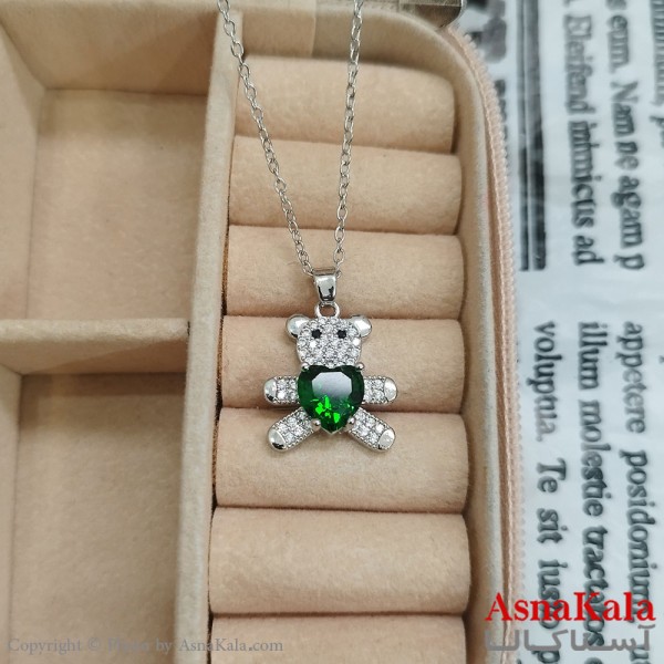 گردنبند استیل خرسی  جواهری نگین سبز کد GNB162454W