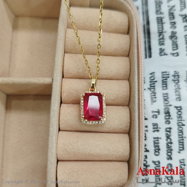گردنبند استیل مستطیل جواهری نگین قرمز کد GNB162458W