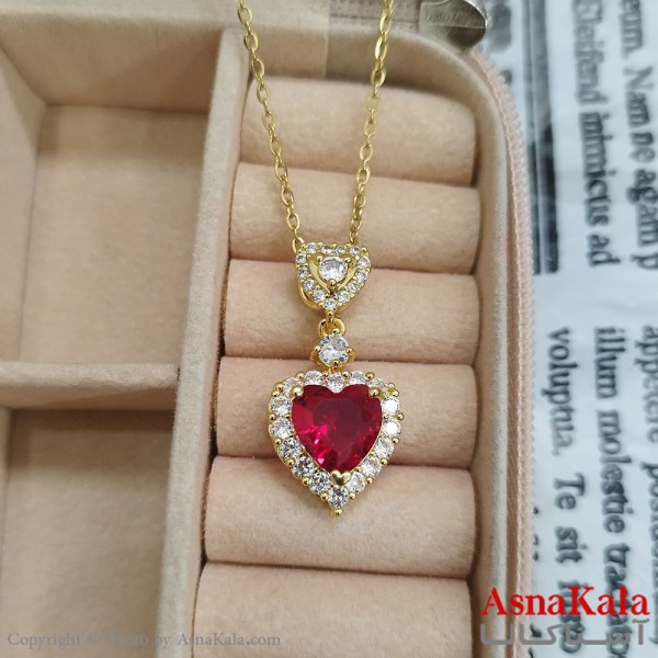 گردنبند استیل قلب جواهری نگین قرمز کد GNB162460W