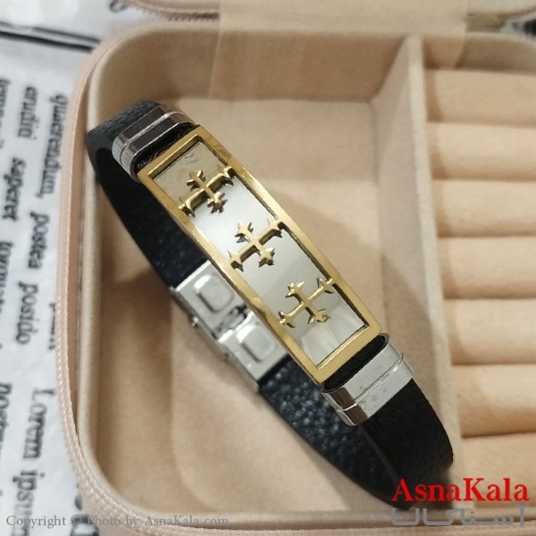 دستبند چرم مردانه  مدل سه صلیب کد DSB181668W