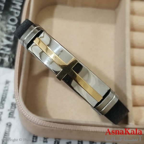 دستبند چرم مردانه  مدل دو صلیب خاص کد DSB181673W