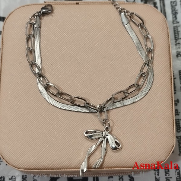 دستبند زنانه  زنجیری  دولاین ماری و پاپیون رنگ نقره ای کد DSB181700W