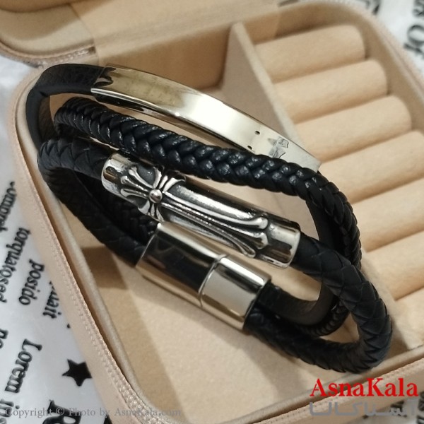 دستبند سه لاین چرم مردانه  مدل صلیب کد DSB181732W