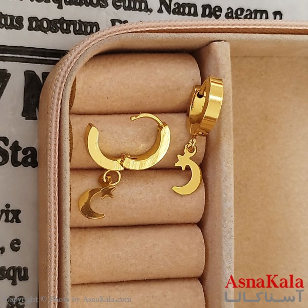گوشواره آویز استیل زنانه مدل ستاره و ماه رنگ طلایی کد GSH152169W