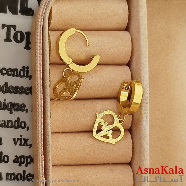 گوشواره آویز استیل زنانه مدل قلب و ضربان رنگ طلایی کد GSH1521674W