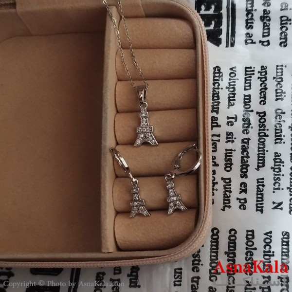 نیم ست زنانه برج ایفل شامل گردنبند و گوشواره نگین دار نقره ای کد NIM141238W