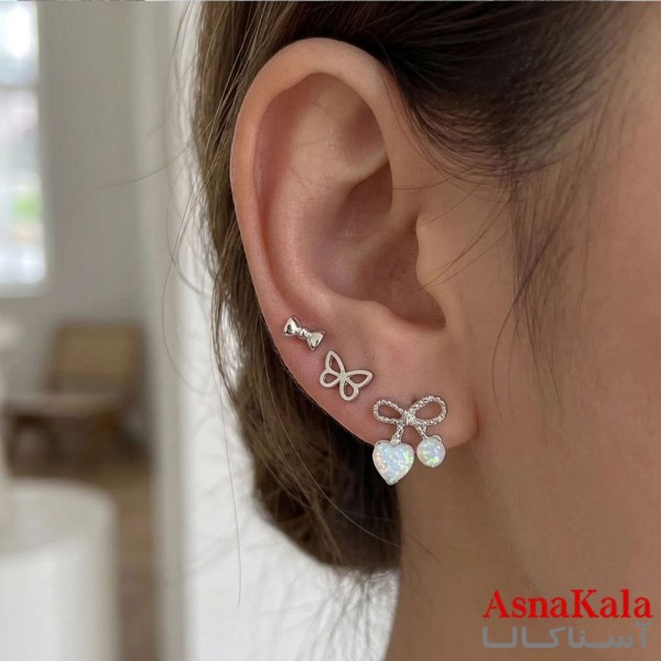 گوشواره پکی 3جفت مدل ترند فانتزی رنگ نقره ای کد GSH15121968W