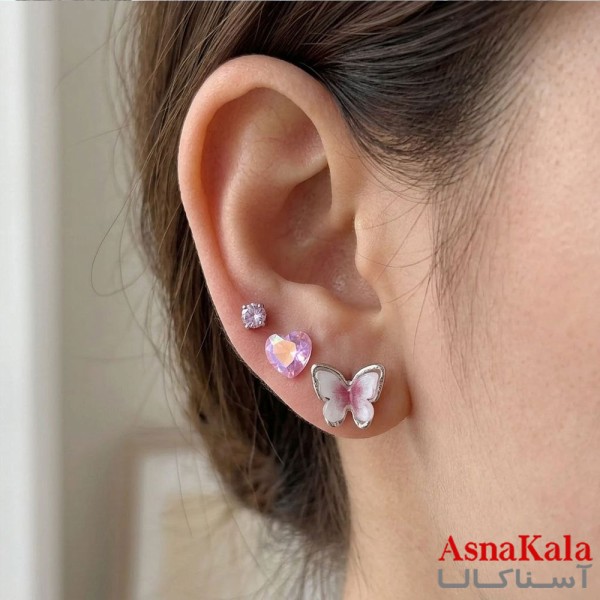 گوشواره پکی 3جفت مدل ترند فانتزی رنگ نقره ای کد GSH15122020W