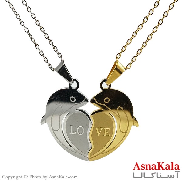 گردنبند ست دونفره دوتیکه قلب دلفین LOVE کد GNB1671W -آسنا