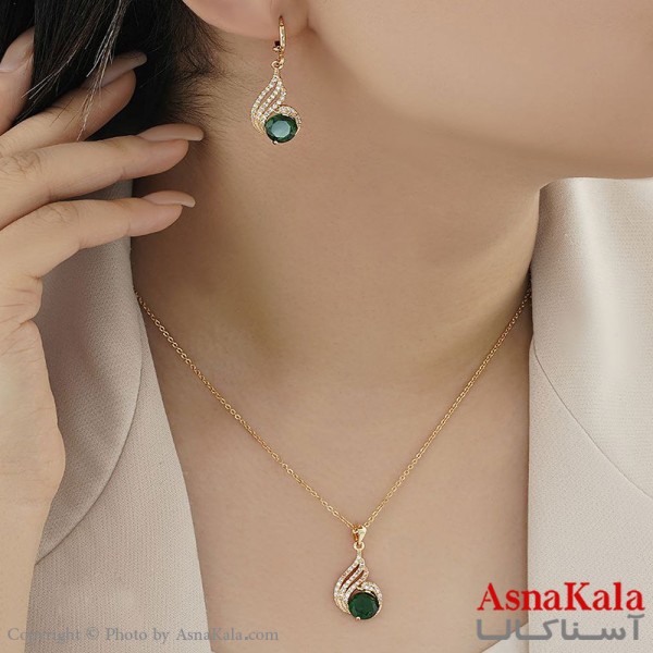 نیمست گردنبند و گوشواره زنانه وای اس ایکس YSX با نگین سبز کد NIM14115W