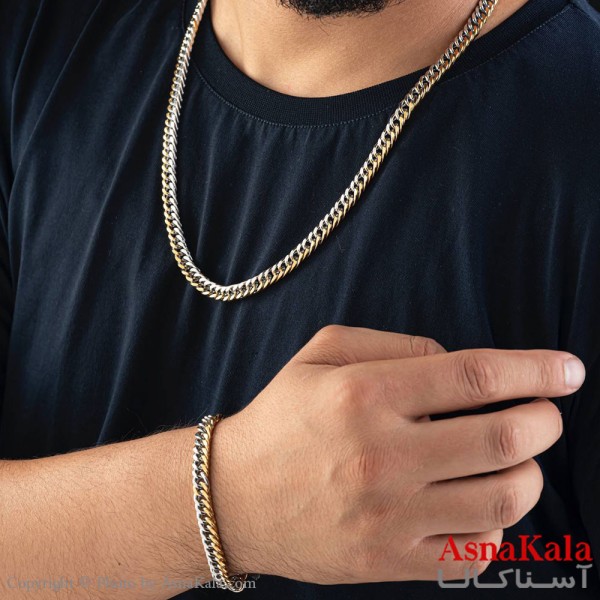 ست زنجیر و دستبند کارتیر مردانه طرح دورنگ طلایی و نقره ای کد NIM14130W