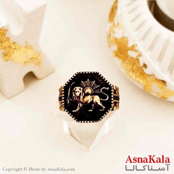 انگشتر طلاروس مردانه مدل شیر و خورشید نگین مشکی کد ANG19185W