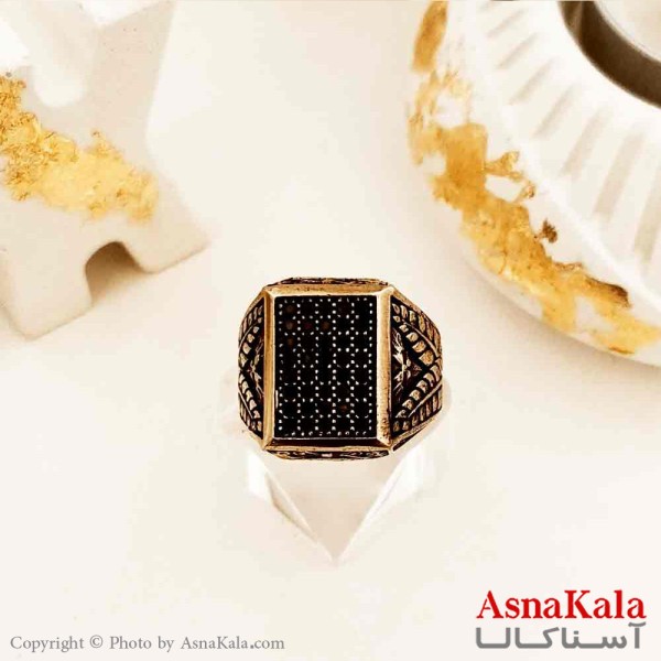 انگشتر طلاروس مردانه مدل ترک با نگین مشکی کد ANG19144W