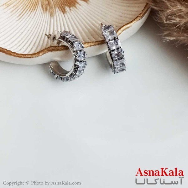 گوشواره جواهری زنانه استیل مدل نیم دایره کد GSH15301W