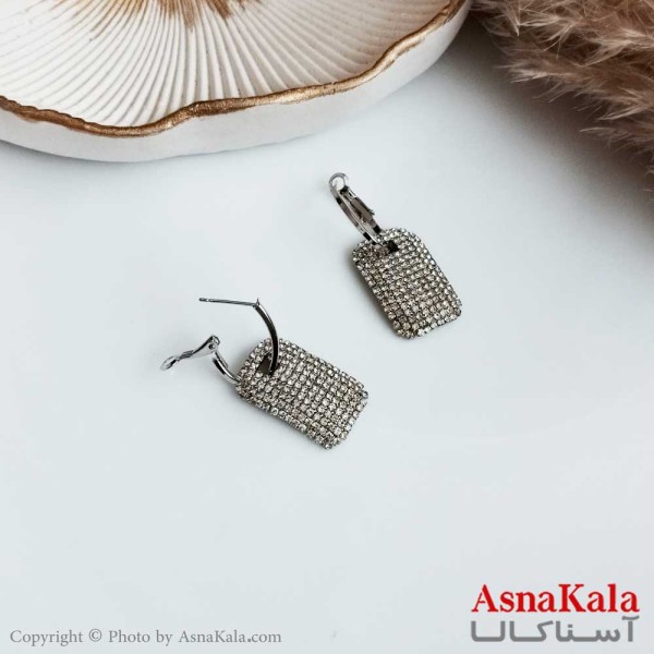 گوشواره جواهری زنانه استیل مدل حلقه ای نگین دار نقره ای  کد GSH15309W