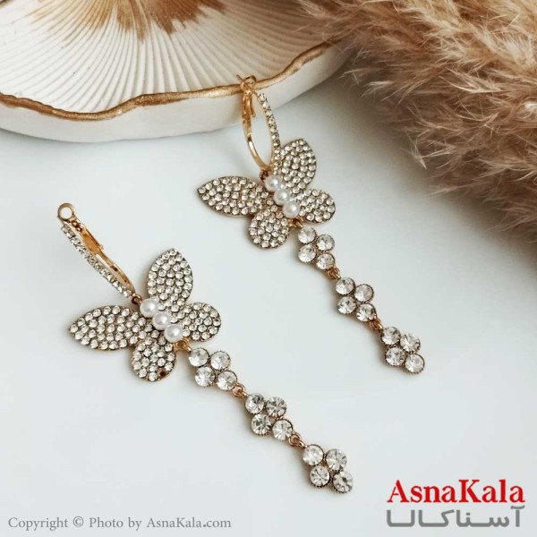 گوشواره حلقه ای مروارید زنانه استیل مدل پروانه نگین دار  کد GSH15313W