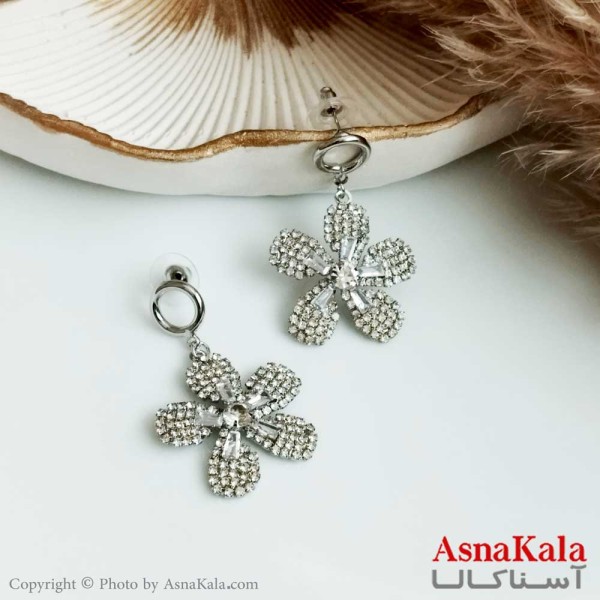 گوشواره نگین دار جواهری زنانه استیل مدل گل رز کد GSH15317W