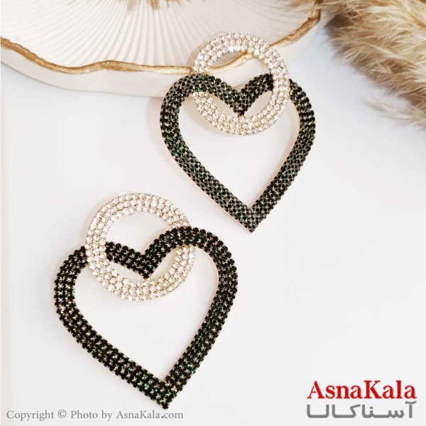 گوشواره جواهری زنانه استیل مدل قلب بزرگ با نگین سبز و سفید کد GSH15322W