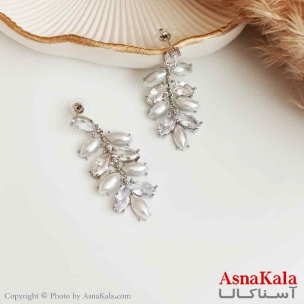 گوشواره مروارید جواهری زنانه استیل مدل برگ گل  کد GSH15335W