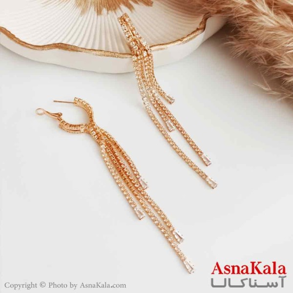 گوشواره حلقه ای زنانه استیل مدل آویز ریسه ای رنگ طلایی  کد GSH15340W
