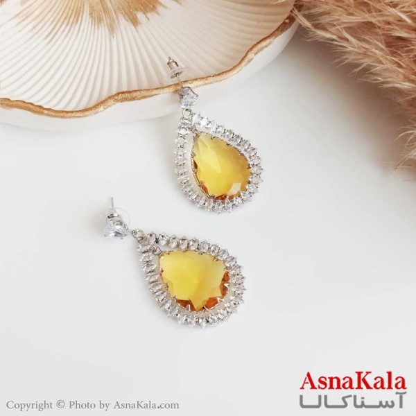 گوشواره جواهر بزرگ استیل مدل اشک فول نگین زرد کد GSH15364W