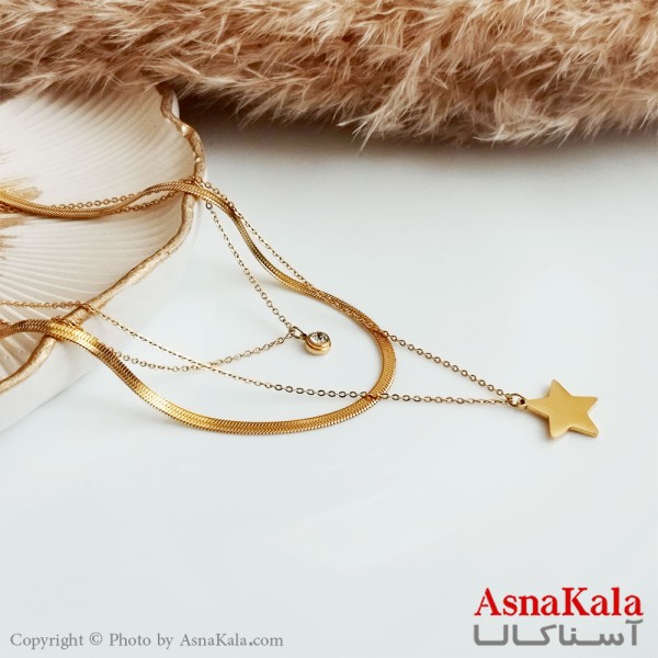 گردنبند ماری و ستاره و تک نگین سه لاین زنانه استیل طلایی کد GNB16341W
