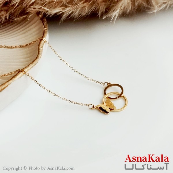 گردنبند پروانه دو حلقه زنانه استیل طلایی کد GNB16342W