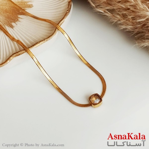 گردنبند هرینگبون دخترانه تک نگین استیل طلایی کد GNB16365W