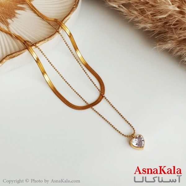 گردنبند هرینگبون و توپی با تک نگین قلب زنانه استیل طلایی کد GNB16366W