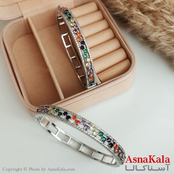 دستبند زنانه جواهری با نگین های رنگی استیل سفید  کد DSB18278W