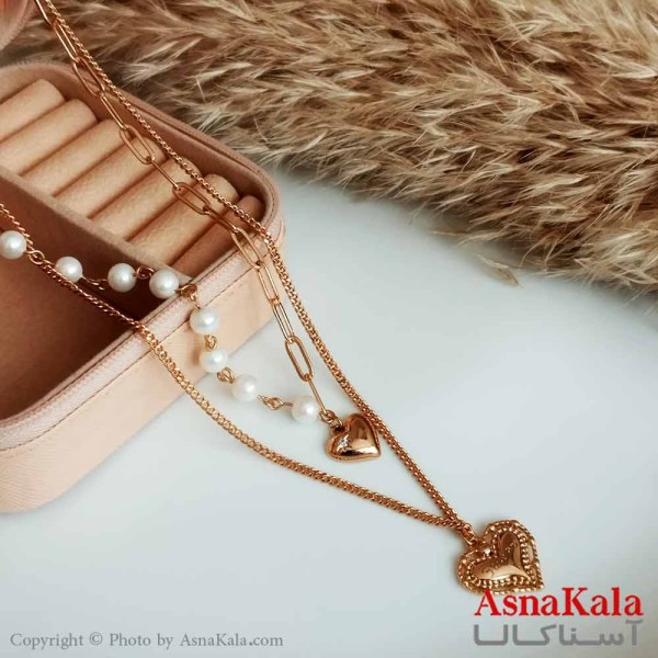 گردنبند ژوپینگ اصل زنانه مدل قلب دولاین مرواریدی رنگ طلایی کد GNB16484W