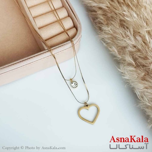 بدلیجات گردنبند زنانه استیل طلایی  مدل دولاین قلب و تک نگین کد GNB16561W