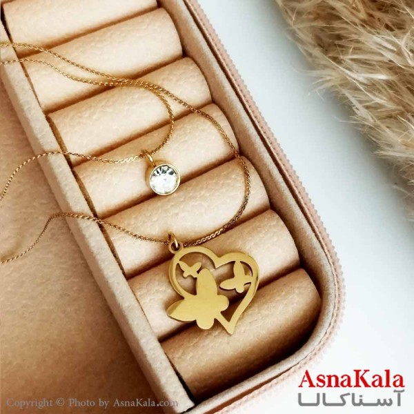 بدلیجات گردنبند دخترانه استیل طلایی  مدل دولاین قلب و پروانه تک نگین کد GNB16562W