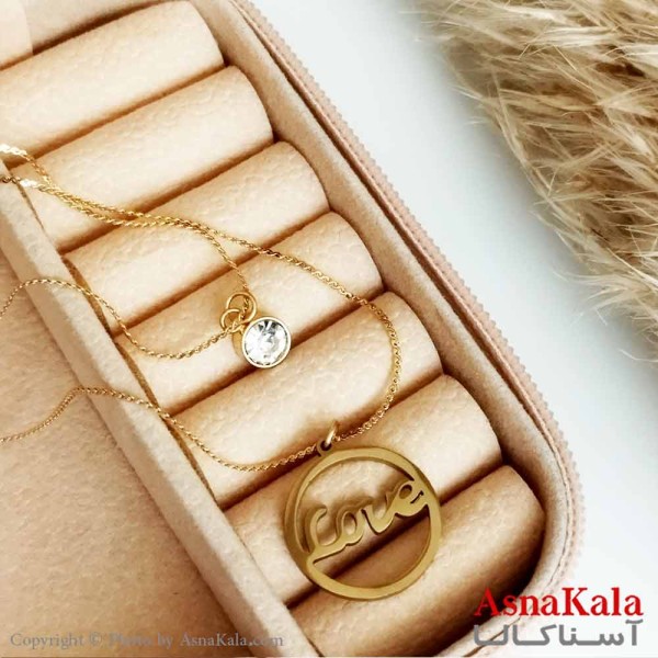 بدلیجات گردنبند دخترانه استیل طلایی  مدل دولاین love نگینی کد GNB16567W