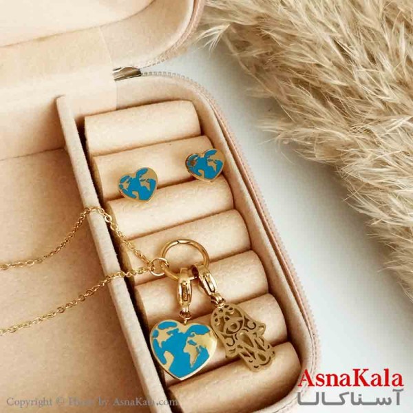 نیمست استیل دخترانه طرح قلب و دست فیروزه ای رنگ طلایی کد NIM14274W