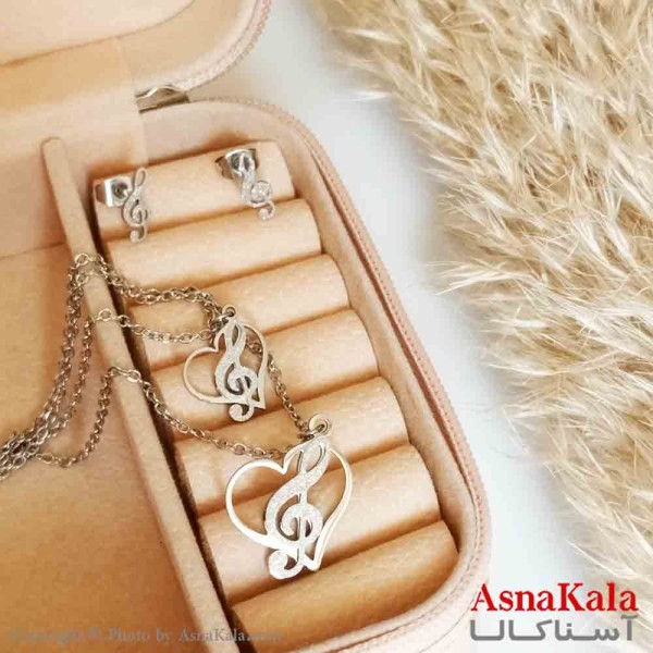 نیمست استیل دخترانه شنی  طرح دولاین قلب و نت رنگ نقره ای کد NIM14302W