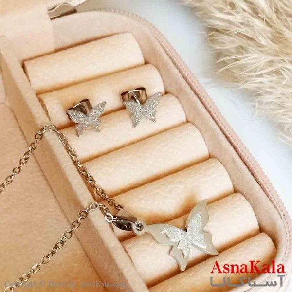 نیمست استیل دخترانه شنی طرح پروانه بزرگ رنگ نقره ای کد NIM14305W