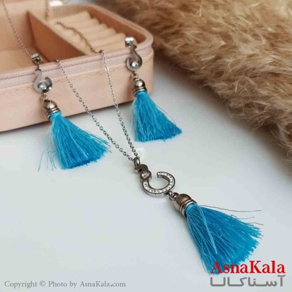 نیم ست زنانه طرح نخ آبی رنگ نقره ای کد NIM14349W