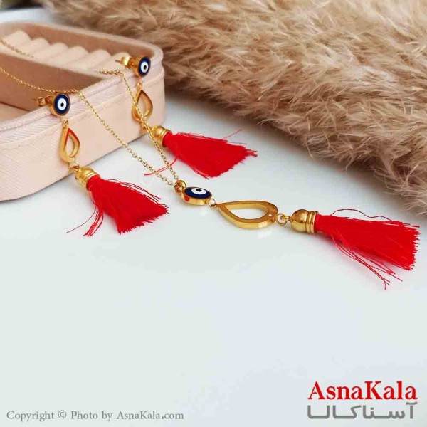 نیم ست زنانه طرح چشم نظر با نخ قرمز رنگ طلایی کد NIM14353W