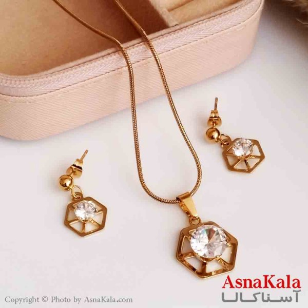 نیم ست زنانه طرح گل با تک نگین الماسی رنگ طلایی کد NIM14354W